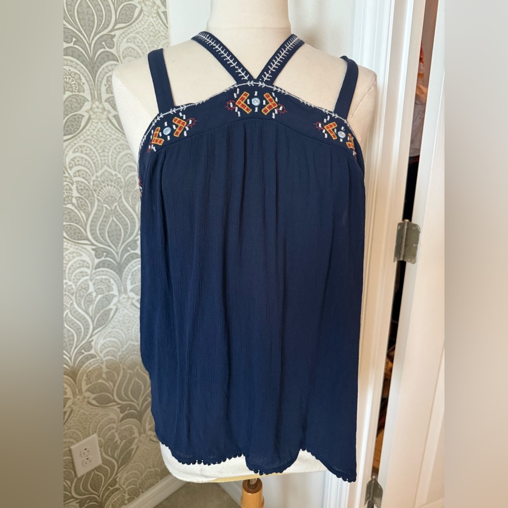 Xhilaration Navy Blue Embroidered Tank Top